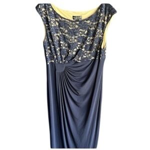 Connected Apparel Navy and Cream Lace Flattering Draped Skirt Midi Dress